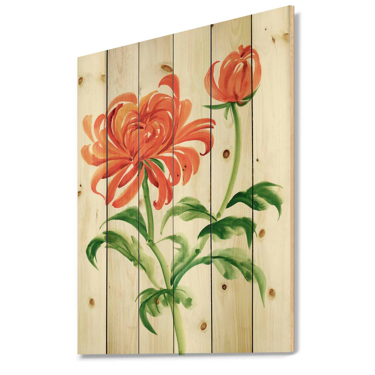 Designart - Vintage Orange Chrysanthemum Flower - Traditional Print on Natural Pine Wood